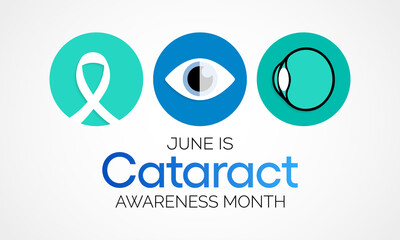 Cataract awareness month is observed every year in June, it is a dense, cloudy area that forms in the lens of the eye. Vector illustration.
