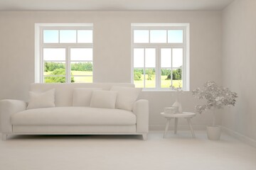 Mock up of stylish room in white color with sofa and green landscape in window. Scandinavian interior design. 3D illustration
