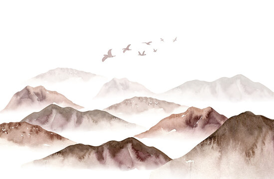 Watercolor foggy mountains landscape, fog trees, sky illustration. Winter background