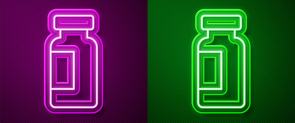 Glowing neon line Test tube and flask chemical laboratory test icon isolated on purple and green background. Laboratory glassware sign. Vector