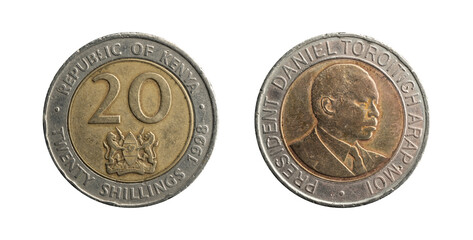 Kenya Twenty Shillings coin of 1998 representing  President of Kenya, Daniel Toroitich Arap Moi, obverse and reverse.