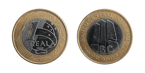 1 Real of Brazil from 2005 coin dedicated to 40 years of Banco Central do Brasil, obverse and reverse.