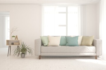 Fototapeta na wymiar Soft color living room with sofa. Scandinavian interior design. 3D illustration