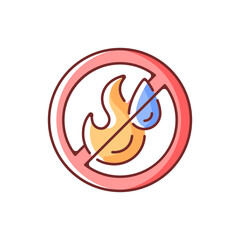 Use no water RGB color icon. Restriction for liquid supply label. Crossed sign. Fire safety regulation, emergency guidance. Warning instruction. Accident prevention. Isolated vector illustration