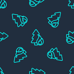 Green line Burning forest trees in fire flames icon isolated seamless pattern on blue background. Natural disaster concept. Vector
