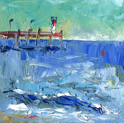 Oil painting, art, landscape, river, sea, ocean, pier, digital seascape