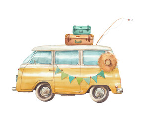Watercolor travel van illustration. Camping cartoon vintage bus with party garland, suitcase, hat, fishing rod. Summer vacation card