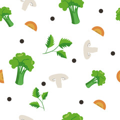 Seamless pattern with vegetables. Broccoli, mashrooms, cerrot. Vegetarian food.