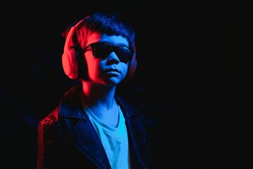 teen boy listening to music with headphones, neon light trending portrait. Looks at the camera