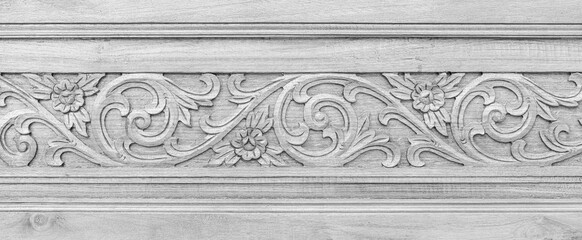 Panorama of White carved wooden panels texture and background seamless