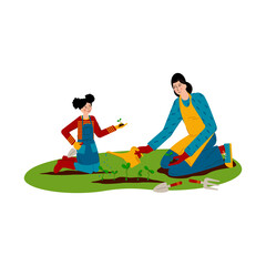 Mum and daughter are working in the garden. Girl is planting seedlings, young woman is watering plants. Concept motherhood child-rearing. Family gardening.