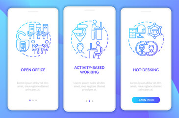 Future workspace environs onboarding mobile app page screen with concepts. Active working walkthrough 3 steps graphic instructions. UI, UX, GUI vector template with linear color illustrations