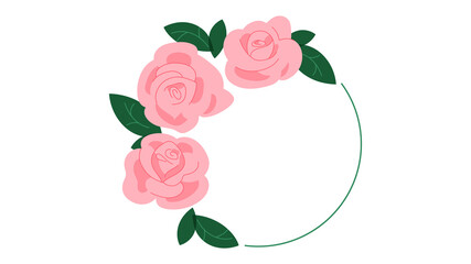 Round composition of roses and decorative ring. Three delicate pink roses with leaves. Modern vector composition for greeting card, decor, cover.