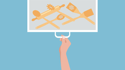 Kitchen drawer with wooden spoons and spatulas. A female hand opens a cupboard in the kitchen. Vector illustration.