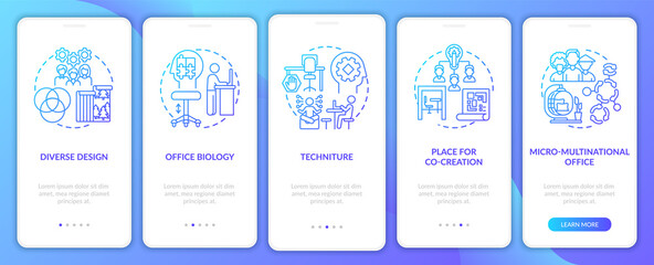 Worksite trends onboarding mobile app page screen with concepts. Multinationality, office biology walkthrough 5 steps graphic instructions. UI, UX, GUI vector template with linear color illustrations