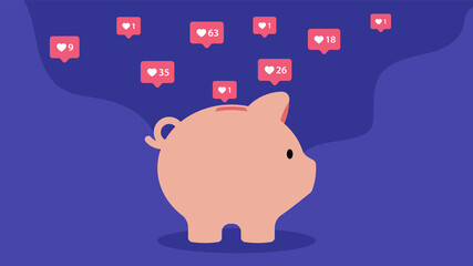 Popularity. Pig piggy bank and likes in social networks. Recognition, appreciation, fame, monetization of popularity, the concept of influence in the network. Vector illustration.