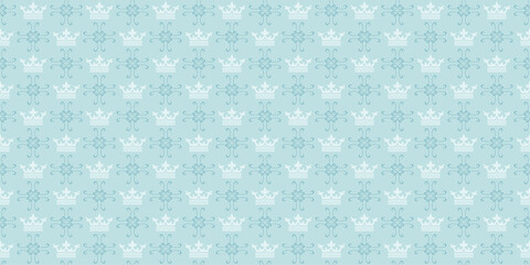 Background pattern with royal crowns and decorative elements on a light blue background. Seamless pattern, texture for your design. Vector image