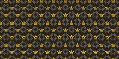 Background pattern with golden royal crowns and ornament with gray decorative elements, wallpaper. Seamless pattern, texture for your design. Vector image