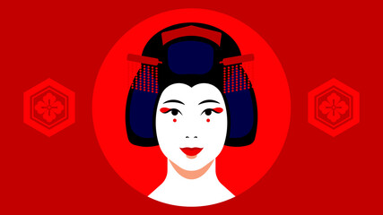 Geisha Portrait - japanese geisha with make-up, hairstyle, hairpins. Close-up female face on red background. Concept of japanese culture, traditional garment. Vector modern set of avatar, icons.