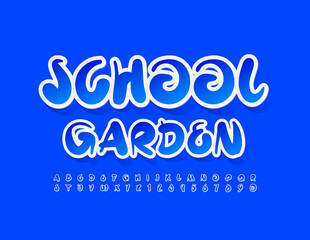 Vector bright template School Garden. Artistic Blue Font. Sticker Alphabet Letters and Numbers set