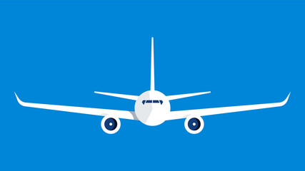 Flying plane, front projection. Large passenger liner in the blue sky. Modern flat illustration. Copy space.