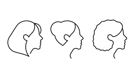Simple Set of female faces Vector Line icon. Female user profile icon, side view, head, hairstyles. Diversity and variety. Contemporary modern icon