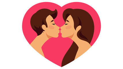 Close-up kiss of lovers on a giant hearts shape. Beautiful young couple, male and female silhouettes, side view. Concept of love, dating, Valentines day. Modern modern vector.
