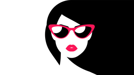 Abstract art poster with female face - red lips, teeth, modern glasses, white skin, long black hair. Glossy red lips, face silhouette, sensual woman portrait. Contemporary trendy art.