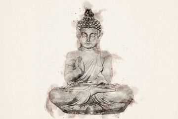 Buddha. Peaceful relaxation and meditation. Zen Buddhism. Watercolor Illustration.