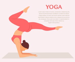 Woman practicing yoga fitness gymnastics. Banner with illustration of woman doing yoga asana or pilates exercise on mat Vector Illustration. Girl standing in Vrischikasana pose