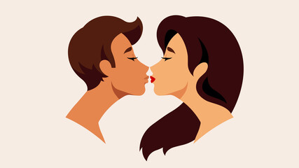 Close up side view portrait of beautiful woman with long hair kissing with her boyfriend. Beautiful couple, human silhouettes, side view. Contemporary modern vector.