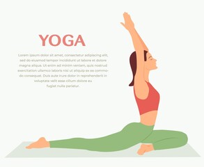 Woman practicing yoga fitness gymnastics. Banner with illustration of woman doing yoga asana or pilates exercise on mat Vector Illustration. Girl standing in pigeon kapotasana pose