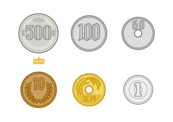 日本のお金のセット 新500円硬貨 100円 50円 10円 5円 1円 イラスト ベクター