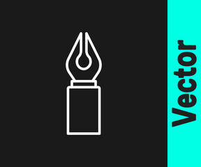 White line Fountain pen nib icon isolated on black background. Pen tool sign. Vector