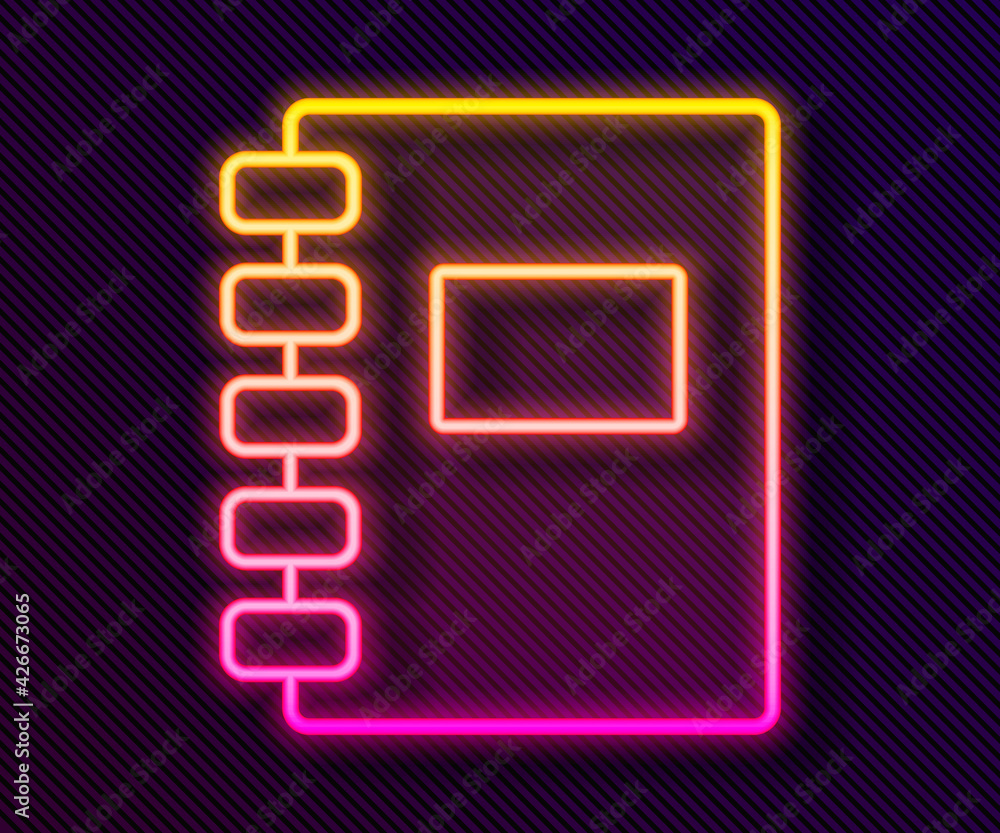 Poster glowing neon line notebook icon isolated on black background. spiral notepad icon. school notebook. 