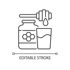 Milk and honey linear icon. Treatment before bed. Sweetened drink to improve sleep. Thin line customizable illustration. Contour symbol. Vector isolated outline drawing. Editable stroke