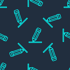Green line Pencil with eraser icon isolated seamless pattern on blue background. Drawing and educational tools. School office symbol. Vector
