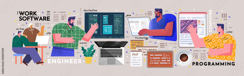 Wall mural engineer, software and programming. vector illustration of working people at the computer in the off
