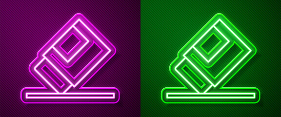 Glowing neon line Eraser or rubber icon isolated on purple and green background. Vector