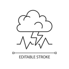 Stress linear icon. Concept of bad mood, depression and anxiety. Cloud with lightning. Thin line customizable illustration. Contour symbol. Vector isolated outline drawing. Editable stroke