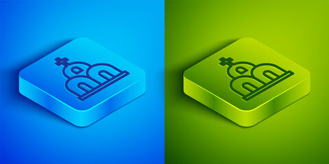 Isometric line Church building icon isolated on blue and green background. Christian Church. Religion of church. Square button. Vector