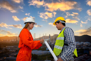 Engineer asia woman checking and call radio for civil and construction. Engineer Concept