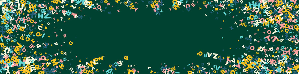 Falling letters of English language. Light flying words of Latin alphabet. Foreign languages study concept. Alluring back to school banner on blackboard background.