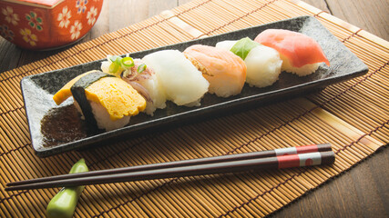 sushis on plate. Japanese cuisine. Japanese food. Typical Japan food.