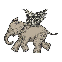Fototapeta premium Angel flying baby elephant color sketch engraving vector illustration. Scratch board style imitation. Black and white hand drawn image.