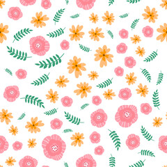 Vector floral pattern in doodle style with flowers and leaves. Gentle, spring floral background.