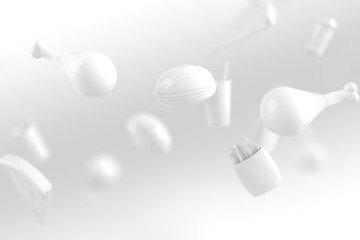 Minimalistic food background for menu or advertising. Template for a substrate in a mockup on the theme of fast food with hamburgers, fries and pizza.