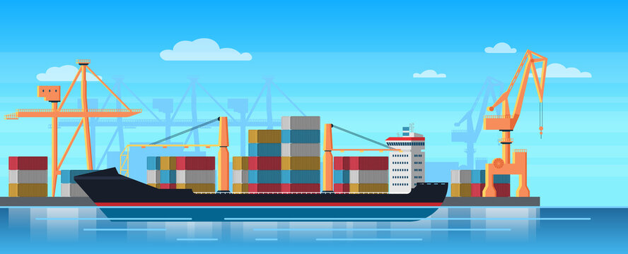 Logistics truck and transportation container ship. Cargo harbor port with industrial cranes. Shipping yard vector illustration.