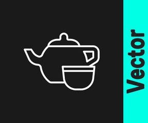 White line Traditional Chinese tea ceremony icon isolated on black background. Teapot with cup. Vector
