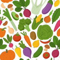 Seamless pattern with fresh vegetables. Healthy and beneficial product. Organic food. Gardening or farming concept. Design for print, packaging, wallpaper, textil. Flat vector illustration.